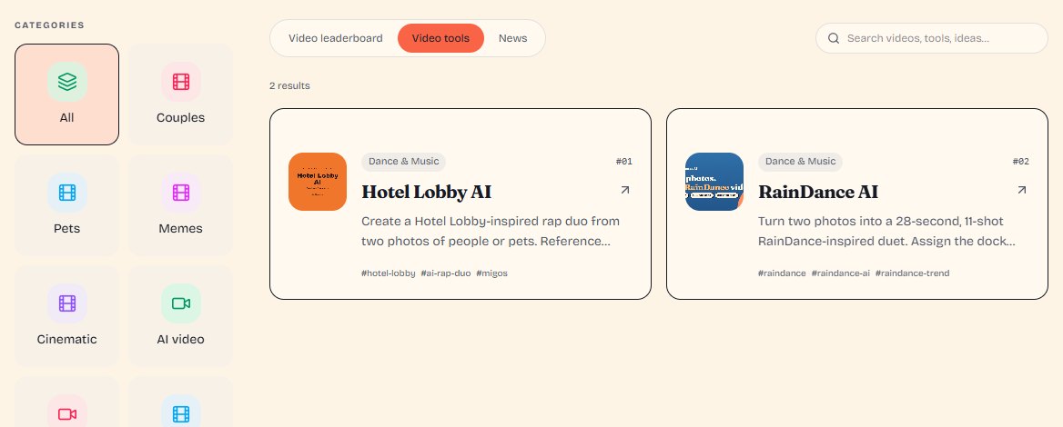 AI video tool directory with category filters, a search field and Hotel Lobby AI and RainDance AI listings