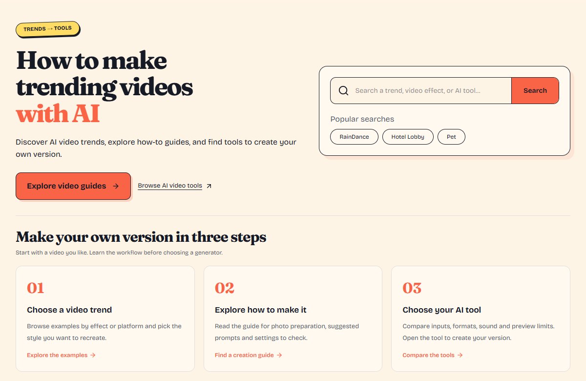AI Trending Video homepage with the trend search box and three-step discovery workflow