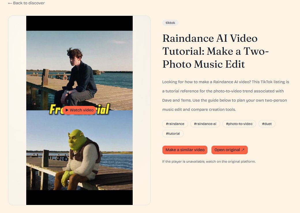 Raindance video detail page showing the example, effect introduction, topic tags and original-source button