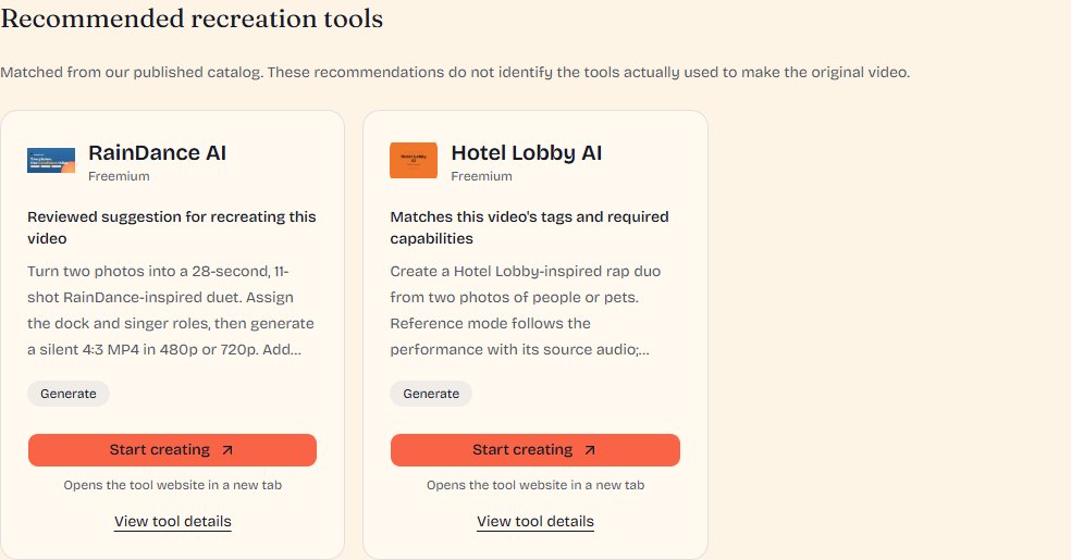 Tool recommendation cards contrasting a reviewed recreation suggestion with a tags-and-capabilities catalog match